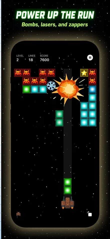 Power up the run β an explosion blasts through the block stack beside a freeze snowflake power-up while the ship fires from the bottom of the board